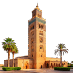 43 - Koutoubia mosque minaret tower in morocco against a brilliant blue sky and palm trees PNG Image and Clipart