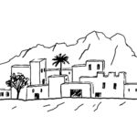 45 - Islamic city panorama with mountains in pencil sketch vector llustration image